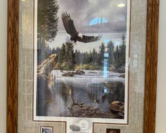 Framed "Where Freedom Reigns" Bald Eagle Print with Stamp & Medallions Collectors Edition by Derk Hansen