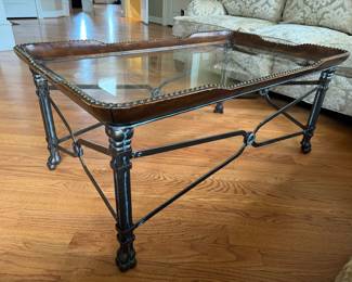 Maitland Smith Regency Style Leather Wrapped Glass Top Coffee Table (19-1/2"H x 45-1/2"W x 27-1/2"D)