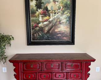 Carved Antique 7 Drawer Sideboard (67"W x 19"D x 34"H) & Framed Garden Scene Oil on Canvas Signed James Reel (45"W x 57"H)