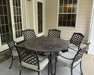 Cast Aluminum Outdoor Table (54"D x 28-1/2"H) & Armchairs (6pc) Patio Set 