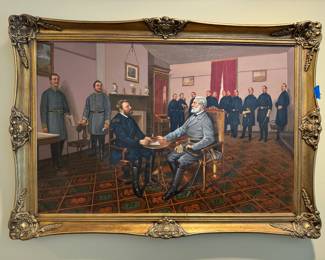 Framed Original Reproduction Oil on Canvas "Civil War Surrender Of General Lee To General Grant" Signed T Lawrence 