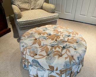 Custom Seating Upholstered Armchair & Floral Printed Tufted Ottman