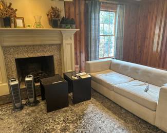 West elm sofa, 2 ikea end tables, space heaters, various decor, topiaries 