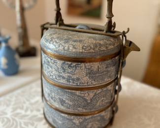 Vintage Porcelain 3 Tier Brass Tiffin Carrier