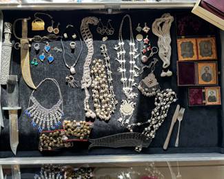 Collection of Gold, Silver & Costume Jewelry, Tin Types, Vintage Knives & Earrings