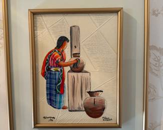 Framed Original Oil on Canvas of Woman Cleaning Pots Signed