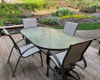Outdoor Glass Top Dining Table with 2 Swivel Armchairs and 2 Standard Armchairs, Umbrella & Stand