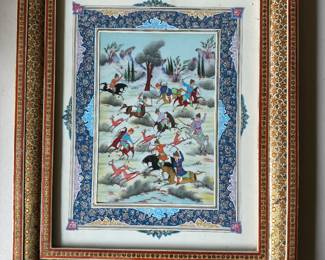 Inlaid Framed Persian Khatamkari Hunting Scene