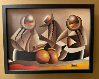 Framed Original Oil on Canvas Cubist Characters Signed Bravo Q
