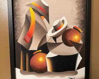 Framed Original Oil on Canvas Cubist Characters Signed Bravo Q