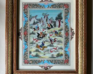 Inlaid Framed Persian Khatamkari Hunting Scene