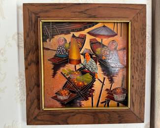 Framed Thai Carved Painted Wood Block Signed T. Leena