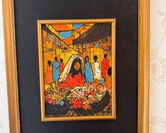 Framed Original Oil on Canvas of Woman at Market Signed Maury 73