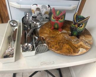 Kitchenware & Bric-A-Brac, Super Cut Owls on a Marble Lazy Suzanne