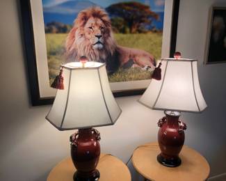 Red Oriental Inspired Lamps (Pr), Magnified Lion Photograph