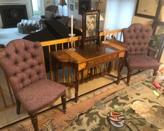 Sideboard, Dark & Blonde Wood, Henredon Dining Room Chairs - 4 Arm Chairs - 2 Chairs - 6 Total, Chinese Embroidery Silk Panel 