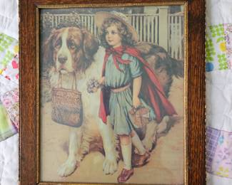 Vtg Framed Lithograph Print “To School Well Fed”!

