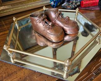 Vtg Bronze Baby Shoes and Vtg Octagon Brass Vanity Mirror!!