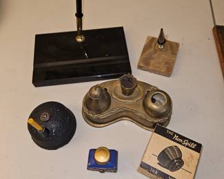 Vtg Fullerton Cast Iron Pencil Sharpener, Antique 19th Century InkWell in Salt Glaze Stoneware, Vtg Non-Spill Glass Inkwell US Navy Military Contract, Etc!

