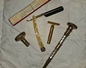 Antique Mother of Pearl Gold Parasol Cane Holder,
Antique Gold Parasol Cane Holder End, Vtg. Double Duck Goldedge Straight Razor w/ Box!