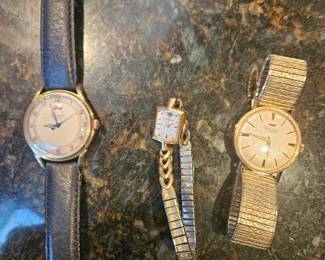 Waltham 14 Kt Gold 21 Jewels Men’s Watch w/Speidel Band, Longines 14 Kt Gold Women’s Watch, LeCoultre Automatic Swiss Watch 10 Kt Gold-Filled!