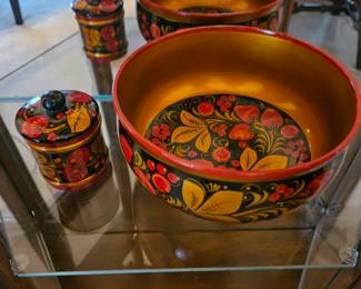 Vtg Russian Folk Art lacquer berries & leaves bowl and covered small bowl!
