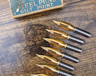 Antique Spencerian No. 42 Gold Point Dome Pointed Dip Pen Nibs - Lot of 7 w/Box!! 