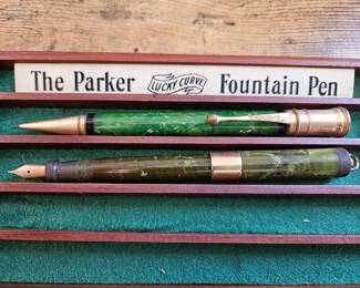 Vtg. Parker Duofold Senior Pencil Jade Green & Vtg. Parker Lucky Curve Lady Duofold Marbled Jade Green Permanite Fountain Pen 