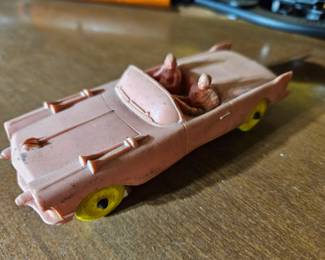 Vtg Auburn Pink Cadillac Convertible Rubber Toy Yellow Wheels