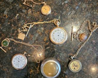 A.W.W. Waltham Pocket Watch w/Green Jewels, G.G.H. Co. Gold-Filled Watch Brooch, Steampunk Pocket Watch w/Superior Quality Fob, Elgin Pocket Watch w/Bacon Fob, Hampden Watch Co. w/S.O. & B. Co!