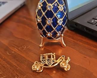 Anne Klein Blue Faberge Egg Coronation Trinket Box w/Carriage Pin!
