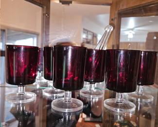 Vtg Antique Ruby Red Clear Glass Mini Goblet Glass Set of 6 w/stirrers!
