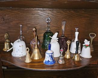 Vtg Brass Etched Bell Bottle Opener from Sarana India, Vtg Brass Owl Dinner Bell, Crystal Hungary Cut Red & Green Bells, Etc!