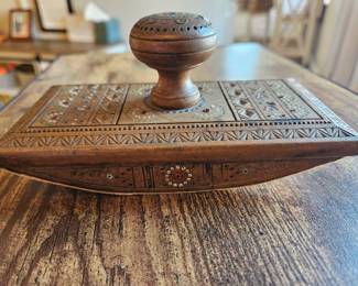 Antique Hand Carved Wood Ink Blotter Rocker Ornate Design Beads 