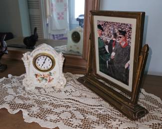 Vtg Porcelain Floral Mantel Clock “Dainty”, Vintage Frame & Lace!
