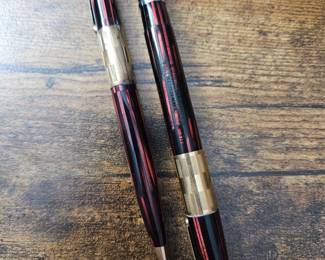 Sheaffer Lifetime Triumph 1250 Vacuum Filling Ceramic Red Striped, Gold Filled Tip - Set of Fountain Pen & Mechanical Pencil! 