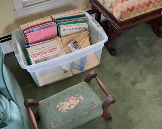 ANOTHER SMALL STOOL AND A TUB OF SHEET MUSIC AND ORGAN MUSIC BOOKS 