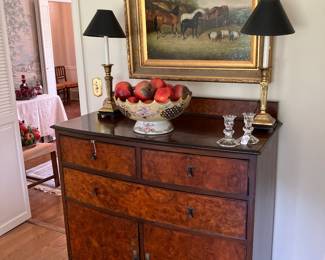 VINTAGE CHEST WITH HORSE SCENE ABOVE AND MATCHING LAMPS 