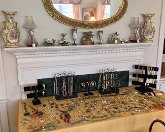 LARGE GILTED MIRROR, ODDS AND ENDS, AND COSTUME JEWELRY 