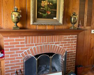 PAIR OF URNS, FRUIT WITH BIRD FRAMED PICTURE, VINTAGE FIRE TOOLS AND SCREEN. VERN WILLIAMS DRAWING OF FBC EASTMAN. 