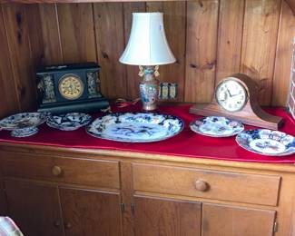 E N WELCH EIGHT DAY CATHERIAL ON LEFT AND INGRAHAM ON RIGHT, ORIENTAL LAMP, 1800'S PLATES AND PLATTER 
