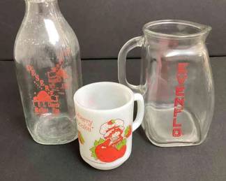 Glass Milk Bottle , Evenflo Measuring Cup, Strawberry Shortcake Mug