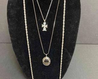 3 Silver Finish Necklaces, Chain, Black Pendant, Cross
