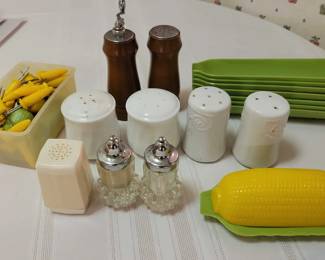 Salt And Peppers Shakers, Corncob Dodgers And Trays, Butter Dish
