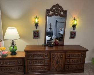  PERFECT  Condition  Spanish Mid Century Modern Dresser amd Side Table With Matching Black metal lamps
