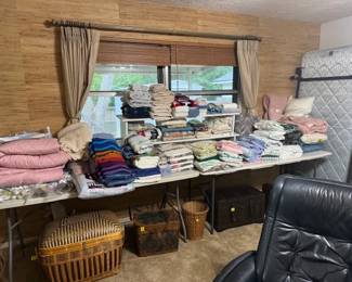 LOTS... of linens - Sheets all sizes, towels, curtains, comforters, bedspreads, blankets CLEAN and all PRICED
