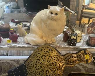 Vintage Ceramic White  Persian Cat and Antique Fireplace Brass Bellows, Unique accessories                   
     ~ One of a Kind.. have fun lookin for ALL the special pieces hidden at this ESTATE SALE~