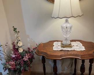 Antique entry Table with carved legs and stand Crystal Lamp and Scalloped Shade
