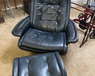 Black/Navy Leather Swivel and Rocking Chair and Foot Ottoman