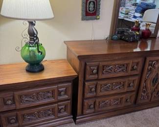 PERFECT  Condition  Spanish Mid Century Modern Dresser amd Side Table With Matching Black metal lamps